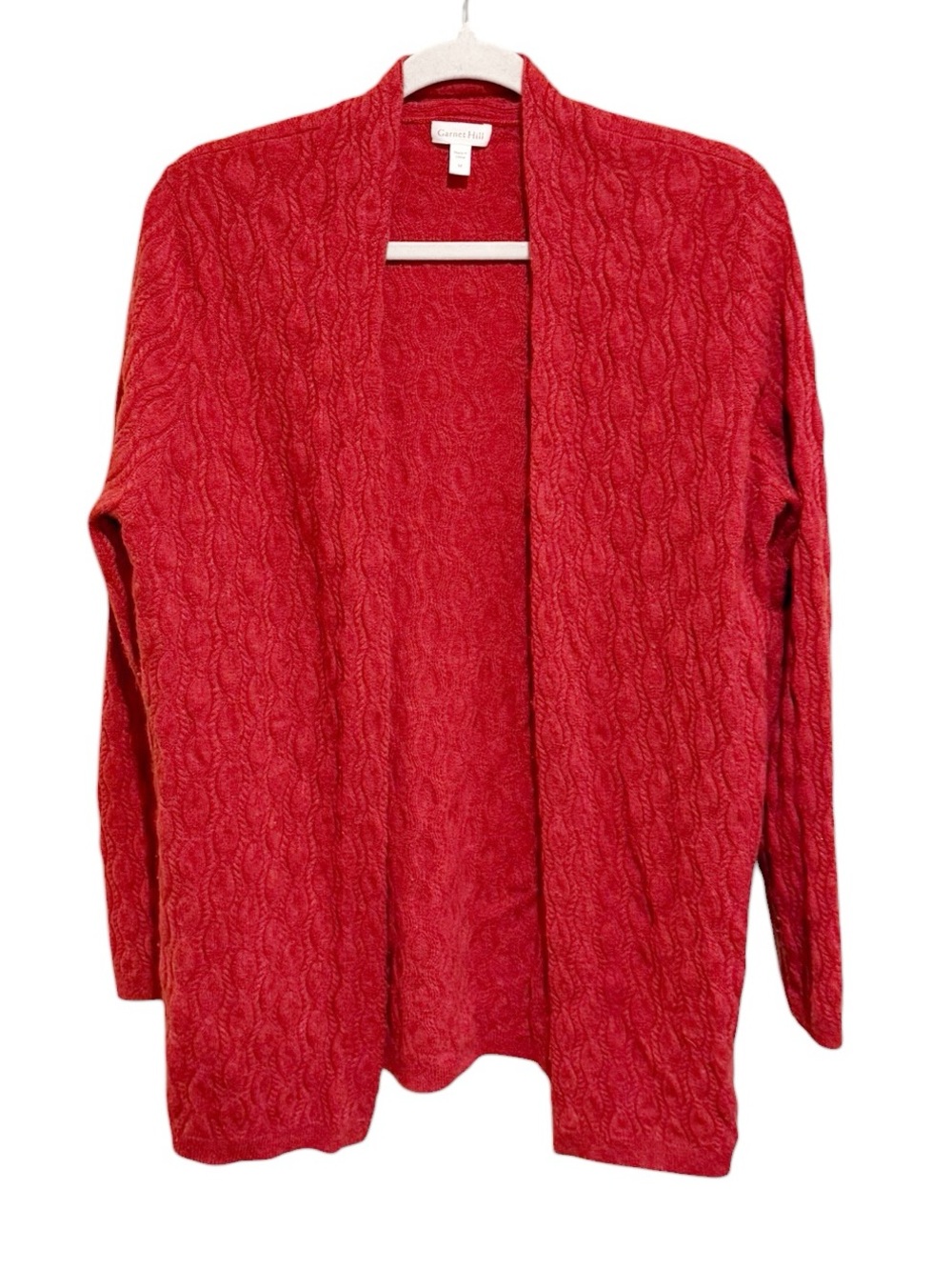 Garnet Hill Essential 100% Cashmere Cable-Knit Salmon Open-Front Cardigan - M